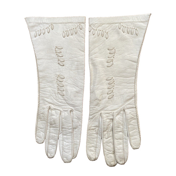 Vintage 1940’s White Kid Leather Gloves Aris Germany Size 6.5 Appliqué Wedding - Picture 1 of 8